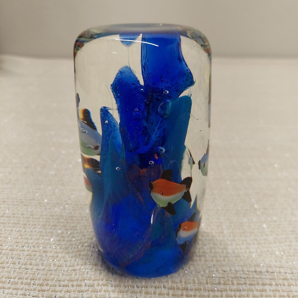 Art Glass Paperweight Tropical Fish Blue Coral Underwater Scene Cylinder 4.5" - Picture 3 of 12